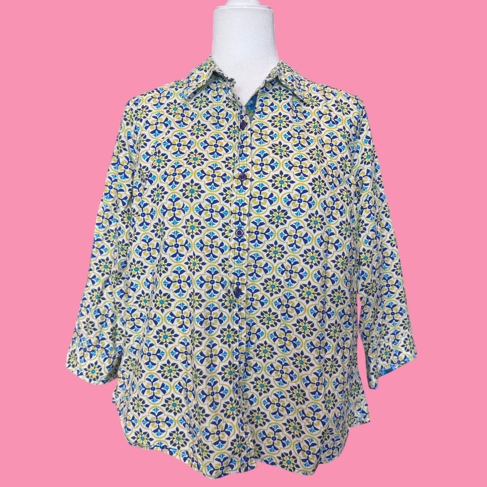 CARIBBEAN JOE Geometric Medallion Button Up Shirt PL Blue Green 3/4 Sleeve